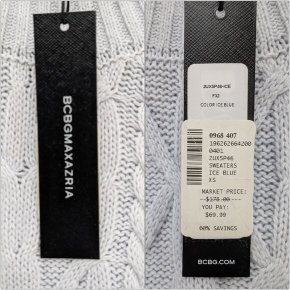 BCBGMaxAzria Puff Sleeve Pom Sweater Womens Ice Blue Turtleneck Cable Knit Sz XS - Picture 4 of 9